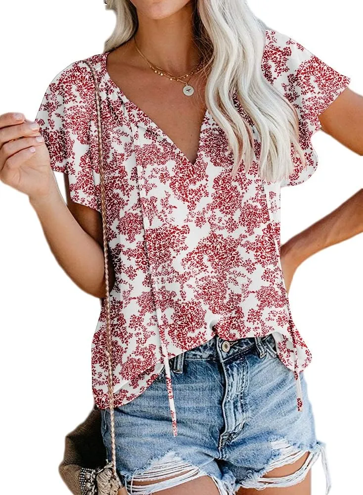 SimpleFun Women's Boho Tops Floral V Neck Short Sleeve Summer Blouse Shirts