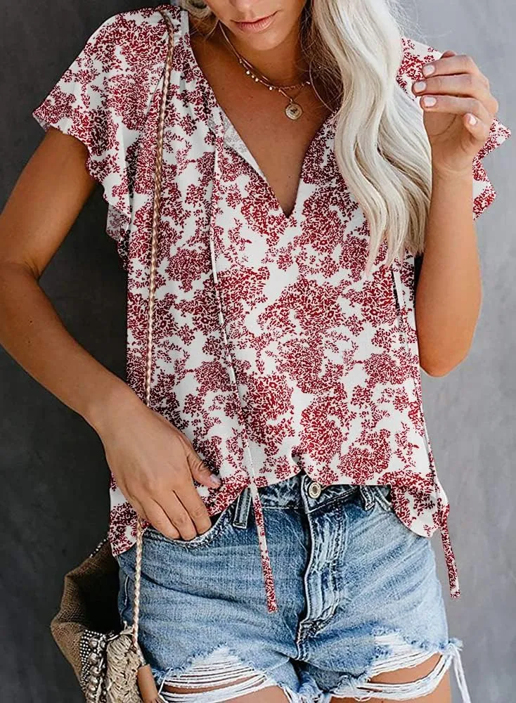 SimpleFun Women's Boho Tops Floral V Neck Short Sleeve Summer Blouse Shirts