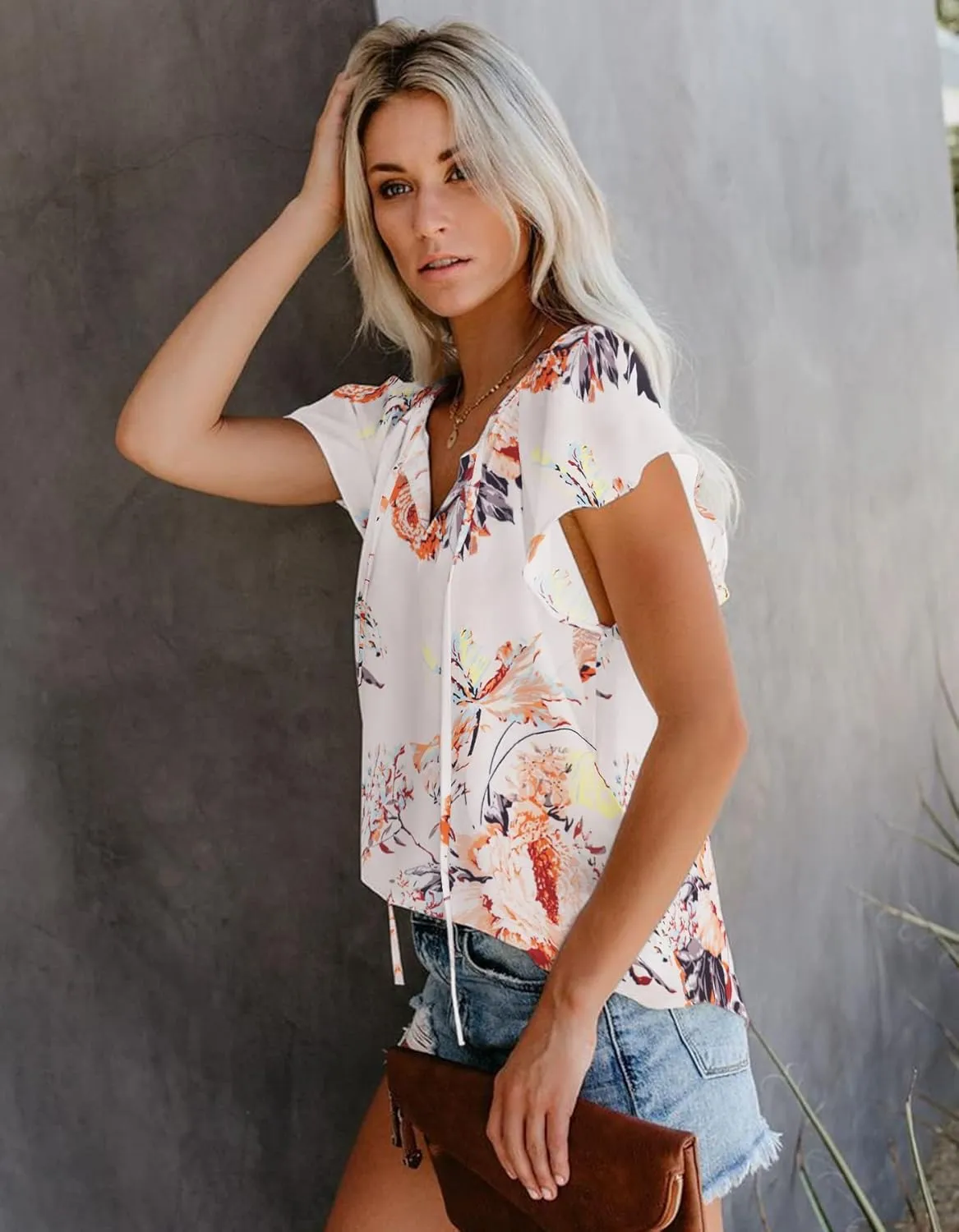 SimpleFun Women's Boho Tops Floral V Neck Short Sleeve Summer Blouse Shirts
