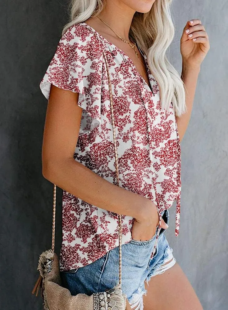 SimpleFun Women's Boho Tops Floral V Neck Short Sleeve Summer Blouse Shirts