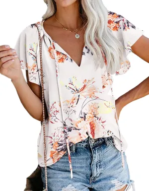 SimpleFun Women's Boho Tops Floral V Neck Short Sleeve Summer Blouse Shirts
