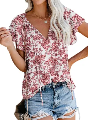SimpleFun Women's Boho Tops Floral V Neck Short Sleeve Summer Blouse Shirts