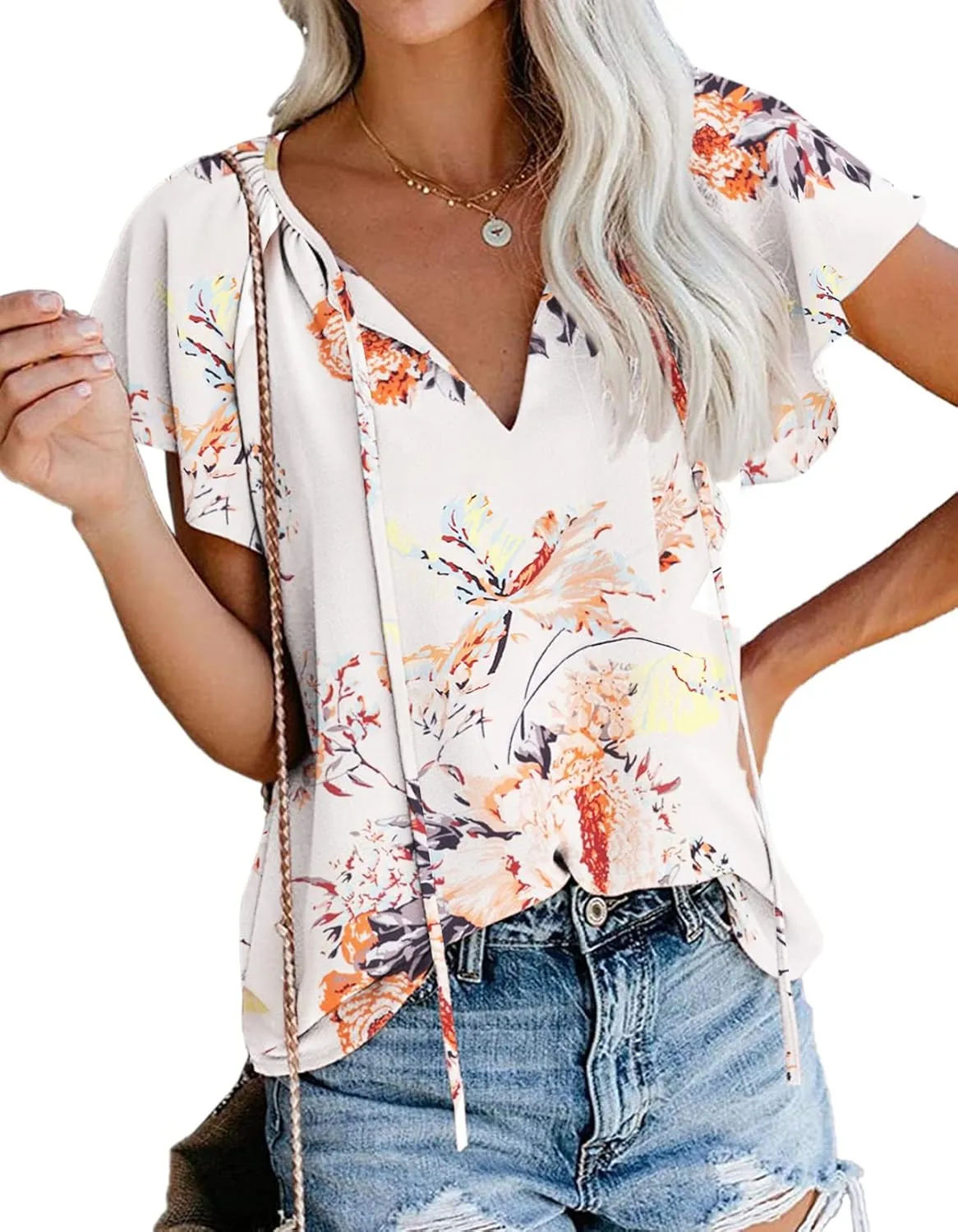 SimpleFun Women's Boho Tops Floral V Neck Short Sleeve Summer Blouse Shirts