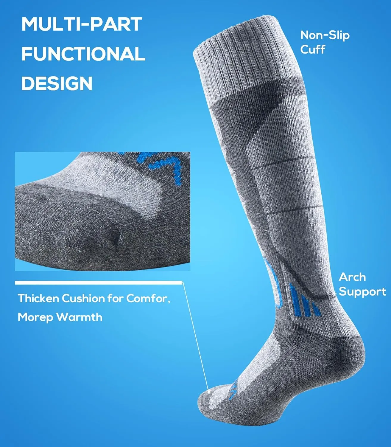Ski Sock Merino Wool Ski Socks Mens Womens Skiing & Snowboarding Socks, Over The Calf