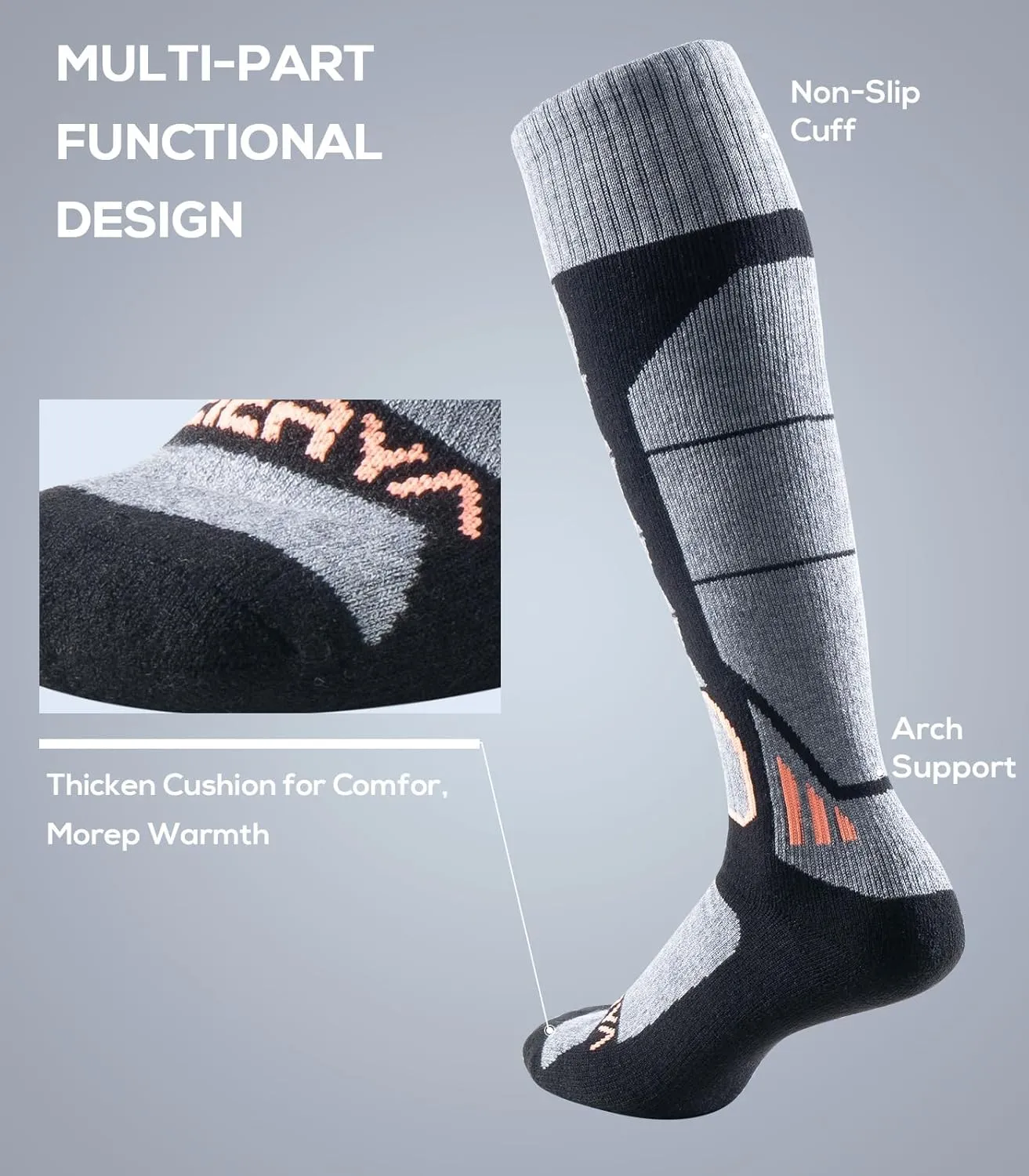 Ski Sock Merino Wool Ski Socks Mens Womens Skiing & Snowboarding Socks, Over The Calf