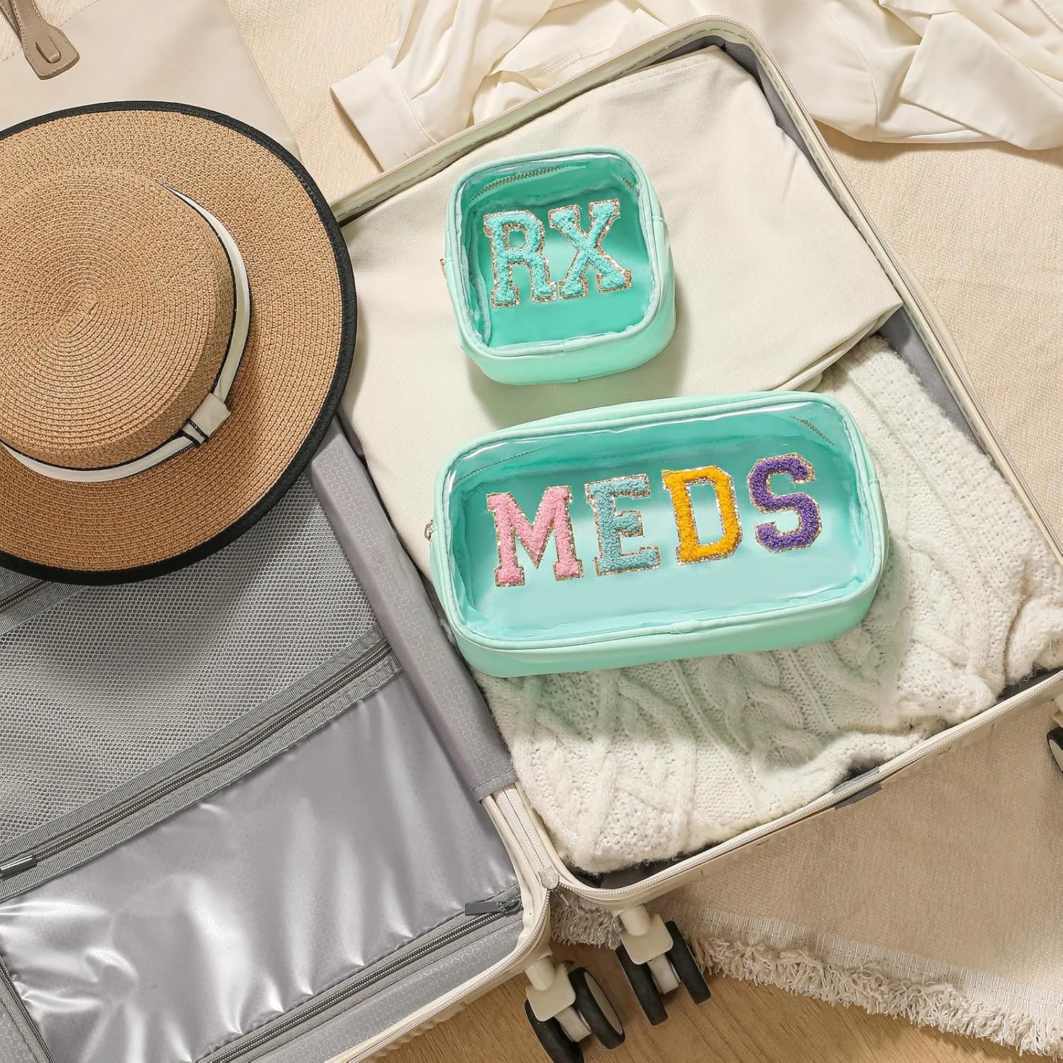 Small Chenille Letter Clear Medicine Makeup Bags,Nylon PVC Waterproof Rx Pouch with Metal Zipper, Cute Drug First Aid Travel Organizer for Women Girls(01Mint)