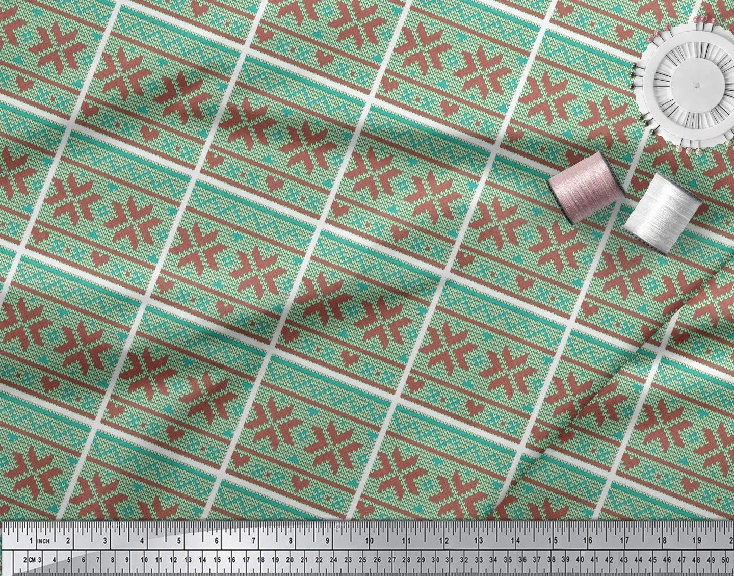 Soimoi Rayon Green Fabric - by The Yard - 42 Inch Wide - Aztec Knitting Geometric Print Fabric - Ethnic and Trendy Designs for Fashion and Craft Projects Printed Fabric