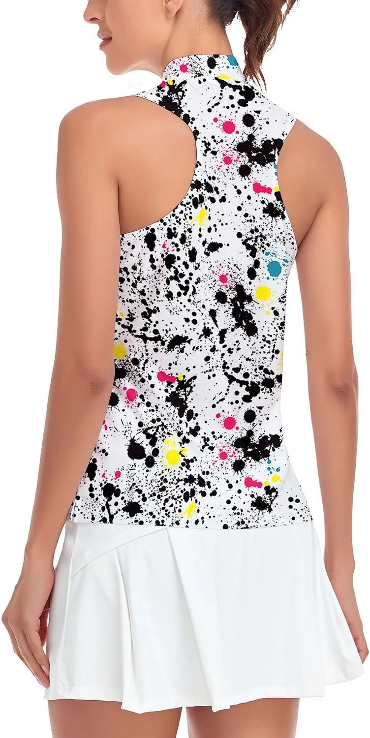 Soneven Women's Sleeveless Golf Shirts Printed Moisture Wicking V Neck Golf Polo Shirts Racerback Golf Tank Tops