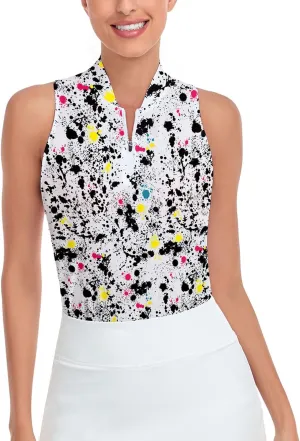 Soneven Women's Sleeveless Golf Shirts Printed Moisture Wicking V Neck Golf Polo Shirts Racerback Golf Tank Tops