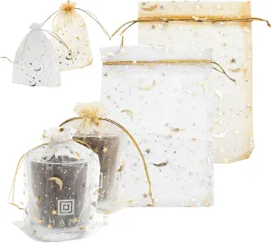 souG Organza Gifts Bags, 5x7 100Pcs Sheer Organza Drawstring Pouches Stars and Moon Wedding Party Favor Jewelry Candy Gift Bags (White and Gold).