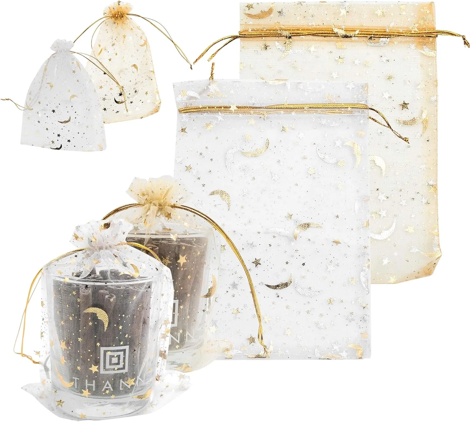souG Organza Gifts Bags, 5x7 100Pcs Sheer Organza Drawstring Pouches Stars and Moon Wedding Party Favor Jewelry Candy Gift Bags (White and Gold).