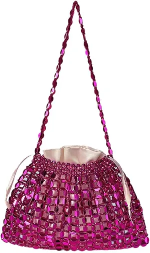 Sparkly Beaded Purse for Women Glitter Woven Shoulder Beach Tote Bag Summer Boho Chic Cool Girl Aesthetic