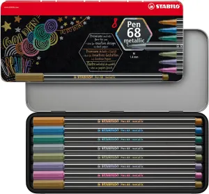 STABILO Metallic Premium Felt Tip Pen Pen 68 Metallic - Tin of 8 - Assorted Colours
