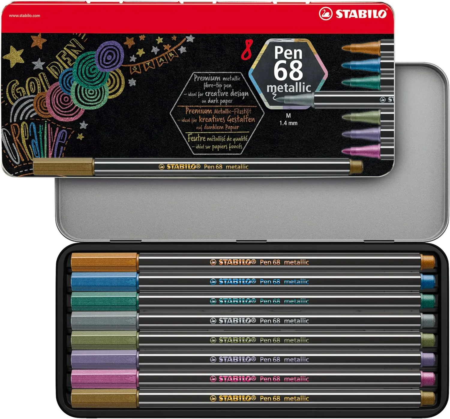 STABILO Metallic Premium Felt Tip Pen Pen 68 Metallic - Tin of 8 - Assorted Colours