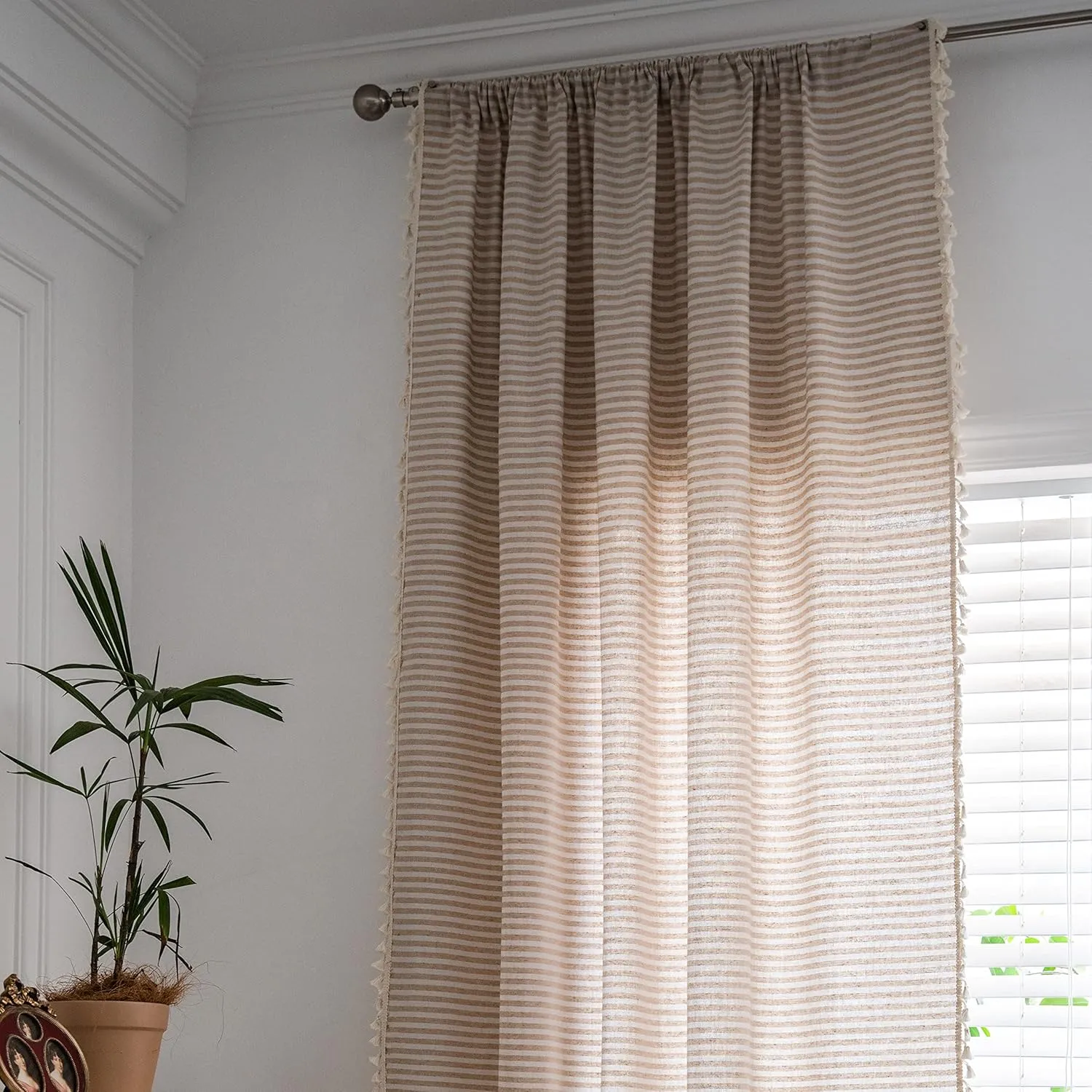 Sutuo Home Boho Curtain 84 Inches Length, Beige Stripes Print Curtain with Handmade Tassels, Rod Pocket Window Treatment Vintage Rustic Bohemian Farmhouse Drape for Bedroom 1 Panel 59" W x 84" L