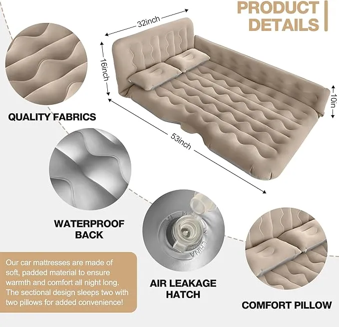 SUV Air Mattress - Thickened and Double Car Air Mattress Sided Flocking Travel Inflatable Car Mattress Bed with Electric Air Pump and 2 Pillows, Car Sleeping Bed for Home Outdoor and Travel (GERY)