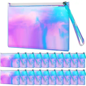 Sweetude 20 Pcs Holographic Makeup Bag Iridescent Cosmetic Pouch with Zipper Transparent Iridescent Purse Portable Travel Clear Pencil Pouch Waterproof Wallet Diaper Organizer for Women