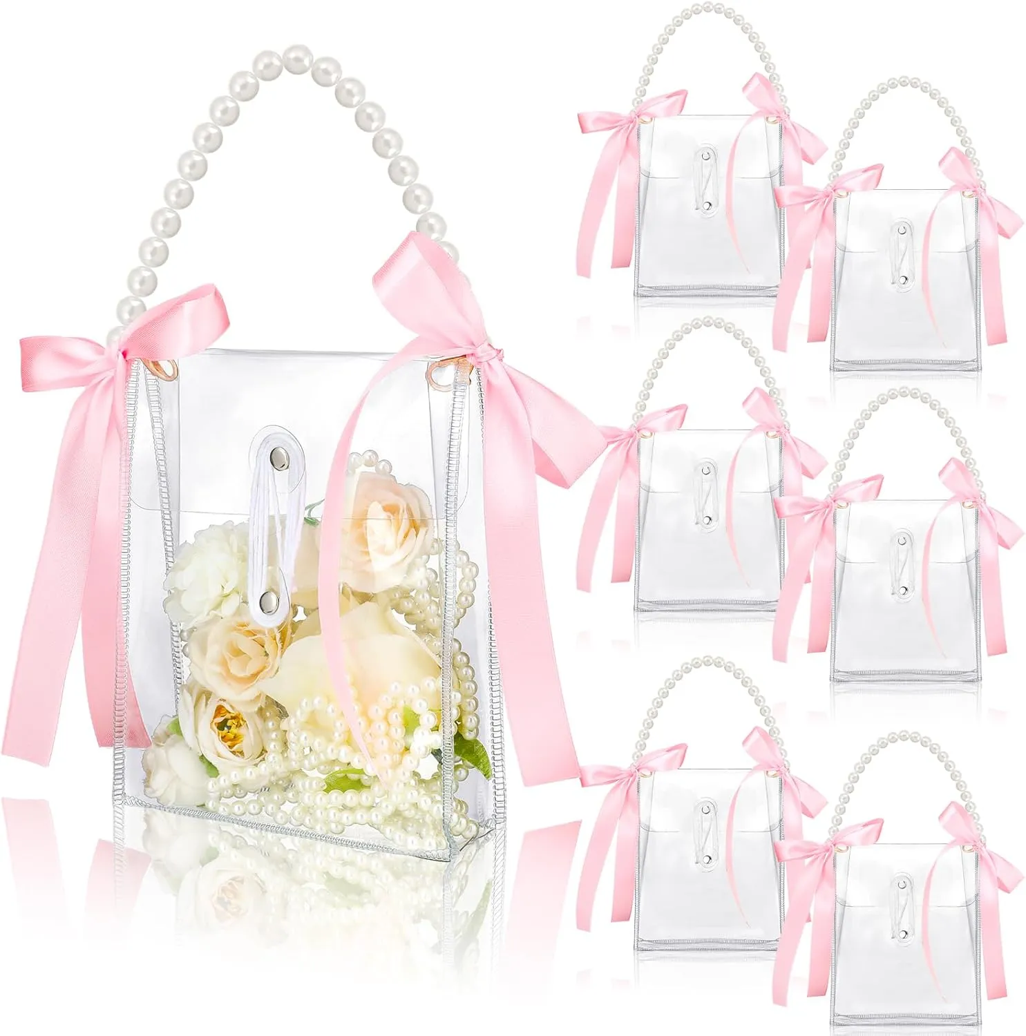Sweetude 6 Set Pink Bow Clear PVC Gift Bags with Pearl Handles 72 ft Pink Ribbon Reusable Plastic Treat Tote Bag Wedding Party Favor for Wedding Birthday Baby Shower Valentine's Day Mother's Day Party