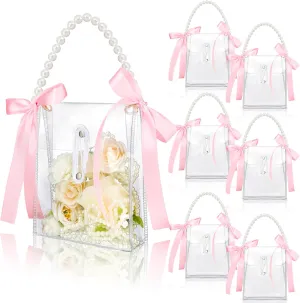 Sweetude 6 Set Pink Bow Clear PVC Gift Bags with Pearl Handles 72 ft Pink Ribbon Reusable Plastic Treat Tote Bag Wedding Party Favor for Wedding Birthday Baby Shower Valentine's Day Mother's Day Party