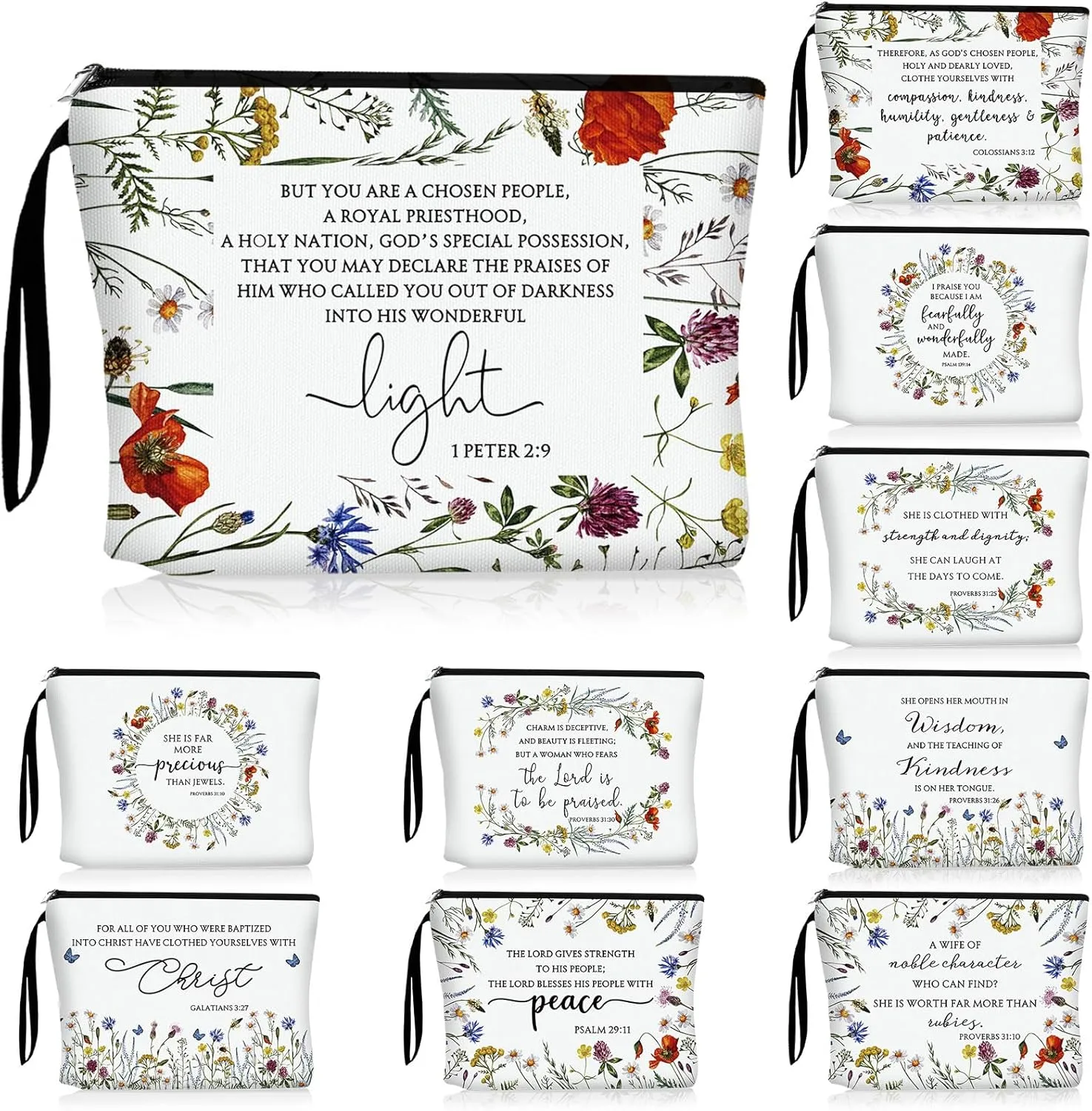 Talltalk 10 Pcs Christian Makeup Bags 10 Styles Bible Cosmetic Bags Bulk Bible Cover Floral Makeup Bags with Handle Inspirational Christian Religious Gifts for Women Church Gifts Mother's Day