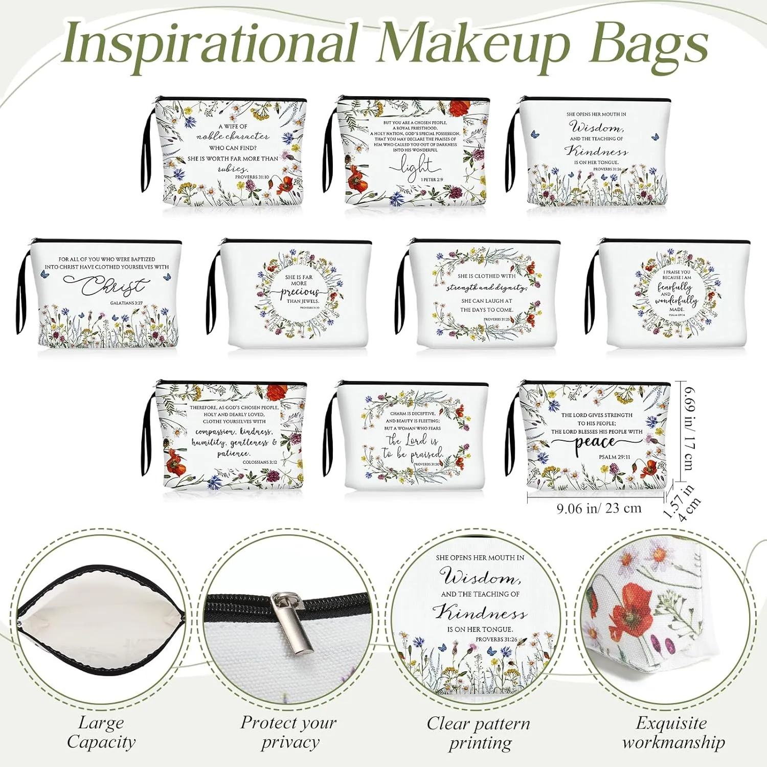 Talltalk 10 Pcs Christian Makeup Bags 10 Styles Bible Cosmetic Bags Bulk Bible Cover Floral Makeup Bags with Handle Inspirational Christian Religious Gifts for Women Church Gifts Mother's Day