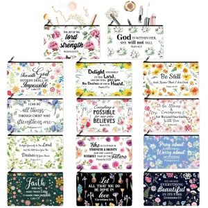 Talltalk 14 Pcs Christian Cosmetic Bags Bulk Christian Gift for Women Makeup Bags Inspirational Bible Verse Pencil Pouch for Graduation Mother's Day Travel Motivational Religious Favors(Floral)