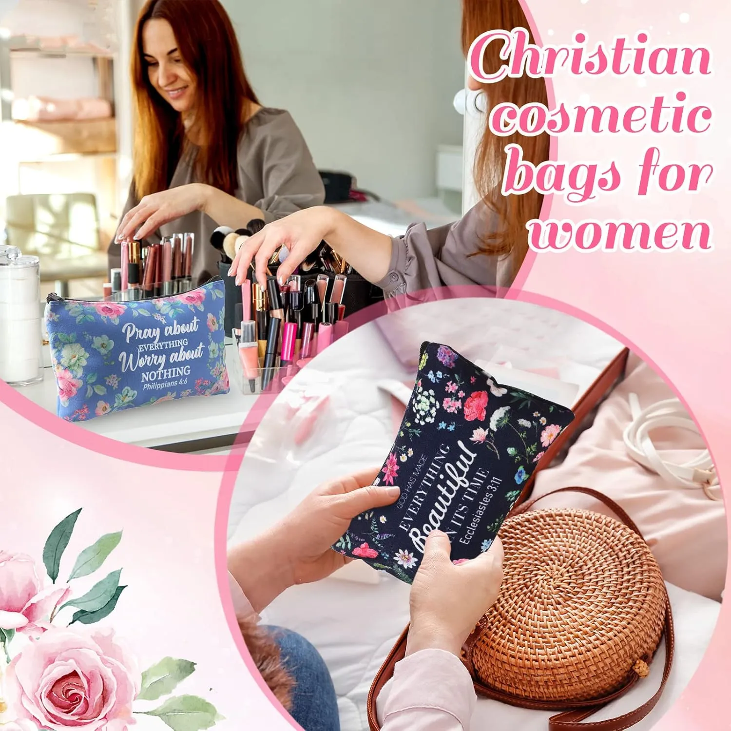 Talltalk 14 Pcs Christian Cosmetic Bags Bulk Christian Gift for Women Makeup Bags Inspirational Bible Verse Pencil Pouch for Graduation Mother's Day Travel Motivational Religious Favors(Floral)