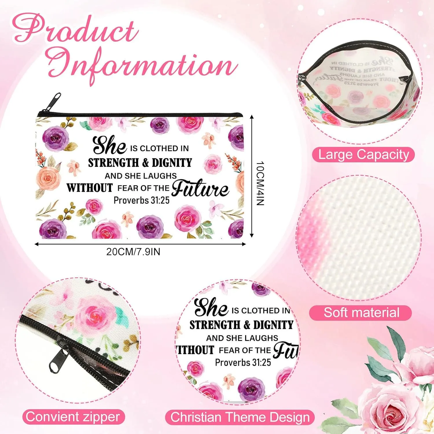 Talltalk 14 Pcs Christian Cosmetic Bags Bulk Christian Gift for Women Makeup Bags Inspirational Bible Verse Pencil Pouch for Graduation Mother's Day Travel Motivational Religious Favors(Floral)