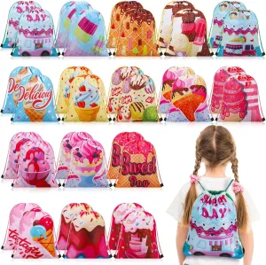 Talltalk 32 Pack Ice Cream Themed Party Favor Bags Candy Drawstring Bags Ice Cream Pattern Bags Drawstring Backpack for Kids Birthday Wedding Party Decorations, 16 Styles, 11.81 x 9.84 Inches