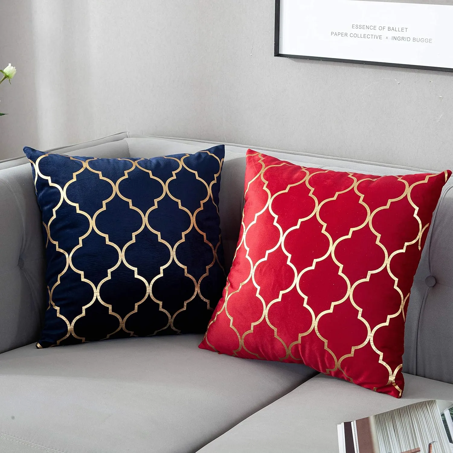 TAOSON Pack of 2,Moroccan Quatrefoil Geometric Bronzing Printed Cozy Soft Throw Pillow Cases Cushion Covers Shells for Sofa Couch Bed Home Decoration 18 x 18 Inches, Navy Blue and Gold