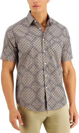 Tasso Elba Mens Shirt Small Ryan Topper Printed Button Up Brown S