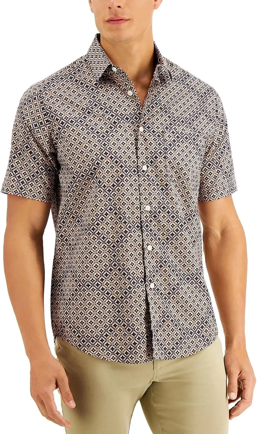 Tasso Elba Mens Shirt Small Ryan Topper Printed Button Up Brown S