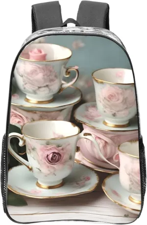 Tea Cups with Roses Romantic print Clear Backpack for Stadium Events, Small Clear Backpack for Concert Festival Sports