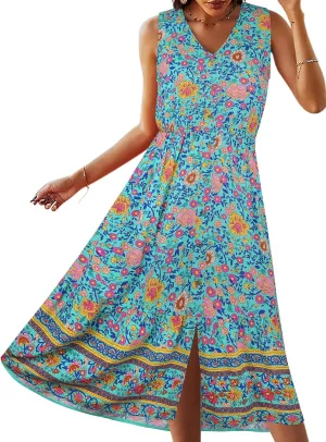 TEMOFON Women Dress Summer Sleeveless Bohemian: Floral V Neck Button Down Flowy Boho Dresses S-XL