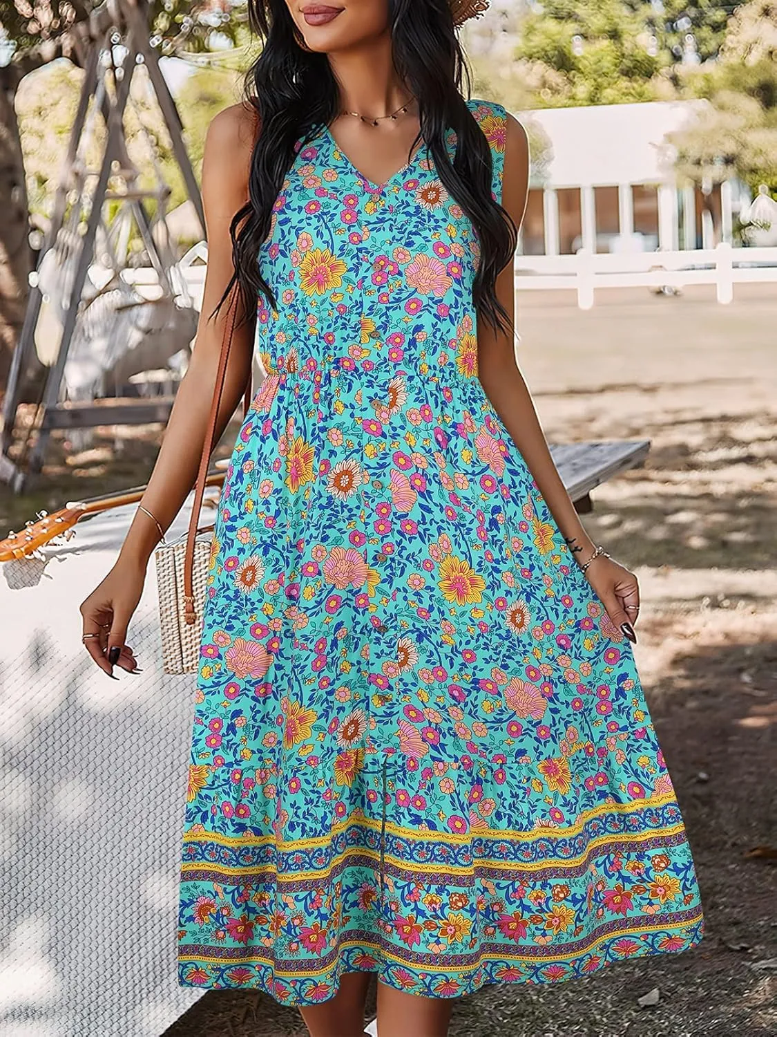 TEMOFON Women Dress Summer Sleeveless Bohemian: Floral V Neck Button Down Flowy Boho Dresses S-XL