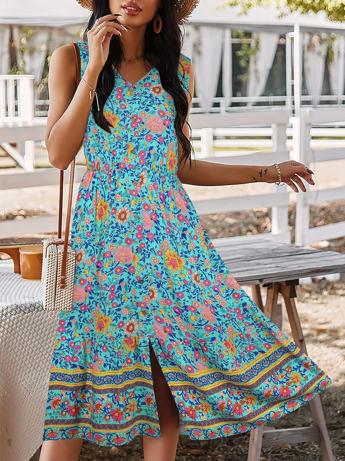 TEMOFON Women Dress Summer Sleeveless Bohemian: Floral V Neck Button Down Flowy Boho Dresses S-XL