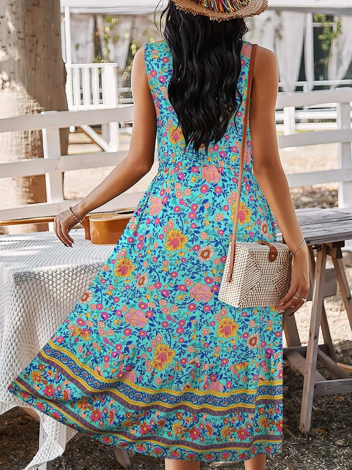 TEMOFON Women Dress Summer Sleeveless Bohemian: Floral V Neck Button Down Flowy Boho Dresses S-XL