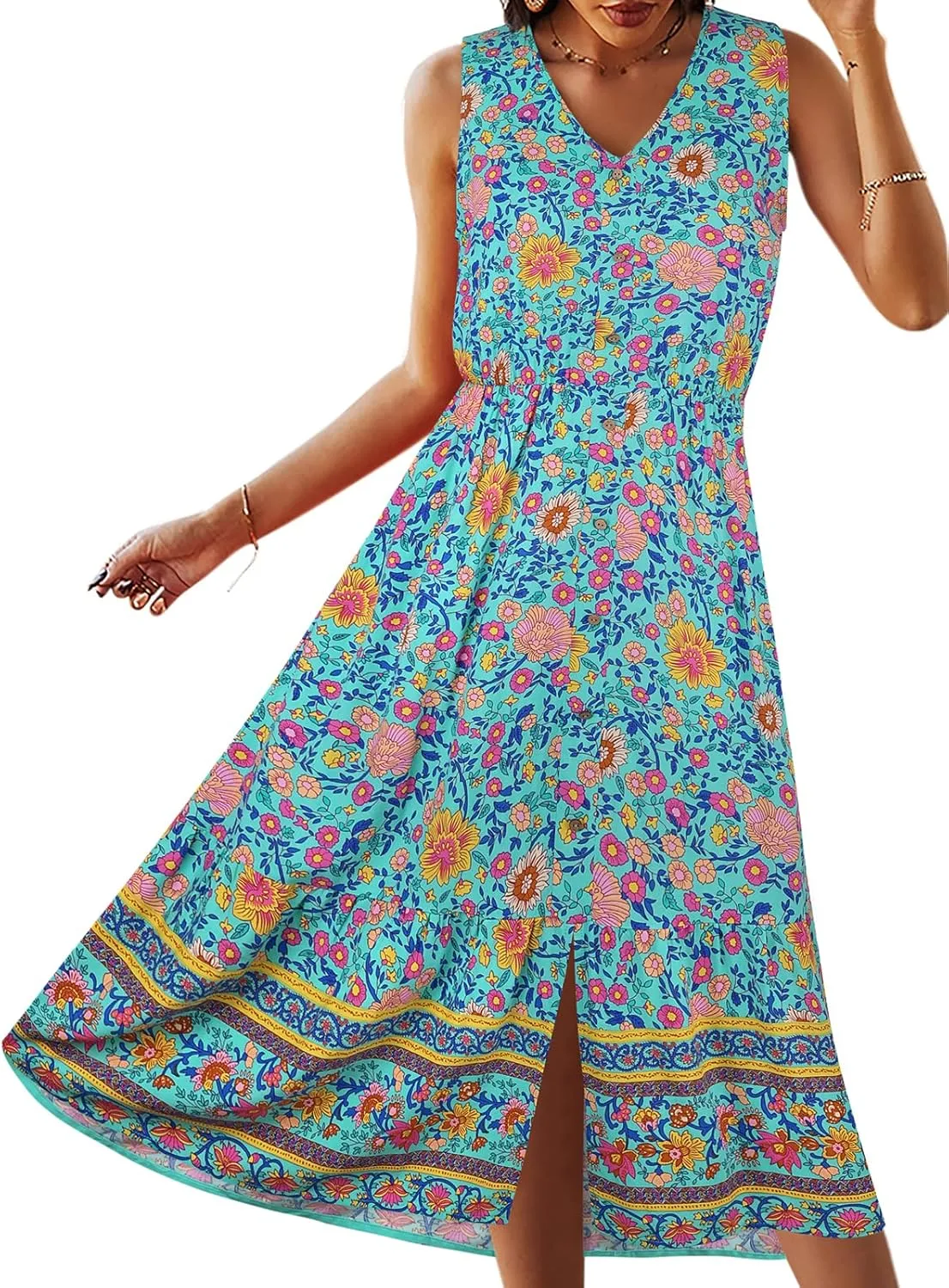 TEMOFON Women Dress Summer Sleeveless Bohemian: Floral V Neck Button Down Flowy Boho Dresses S-XL