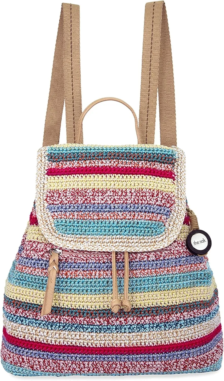 The Sak Sayulita Backpack in Crochet, Adjustable, Removable Straps, Eden Stripe