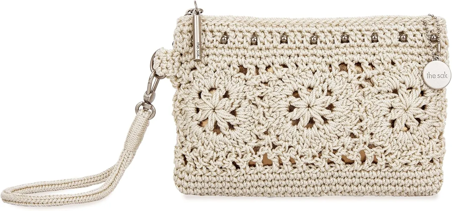 The Sak Vita Small Crochet Wristlet Purse - Hand Crochet Women's Clutch for Everyday & Travel - Mini Handbag With Card Slots, Zipper Closure & Pockets - Natural Medallion