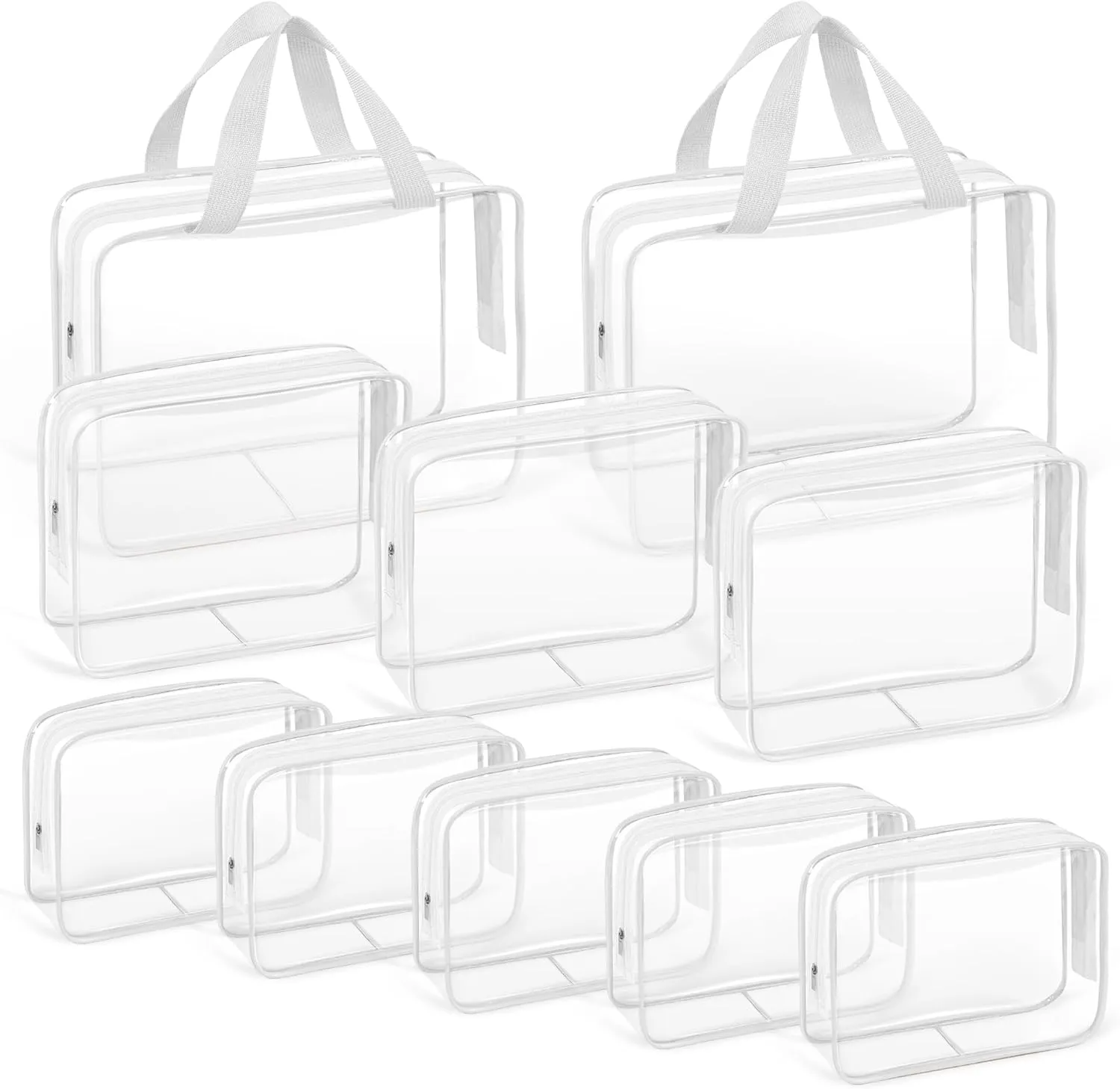 TISRATOK 10 PCS Clear Travel Makeup Toiletry Bag, Plastic PVC Cosmetic TSA Approved Organizer Kit with Zipper Handbag（White）