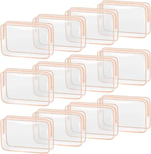 TISRATOK 12 PCS Clear Makeup Bag for Women with Zipper, TSA Approved Toiletry Pouch, Cosmetic Bag Bulk for Travel Organizer Essentials - Orange-pink, Large