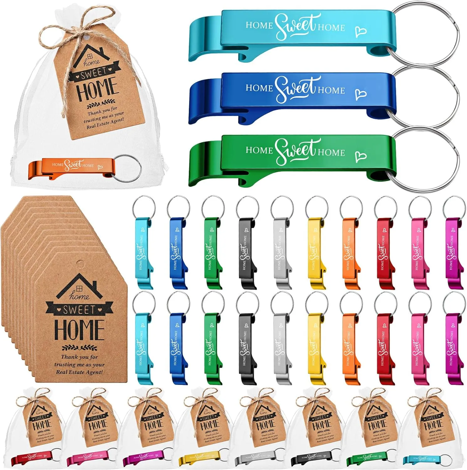Tondiamo 20 Sets Estate Agent Gifts for Clients 20 Home Sweet Bottle Opener Keychains New Home Keychain 20 Thank You Cards and Organza Bags Real Estate Agent Supplies Closing Gifts for Buyers