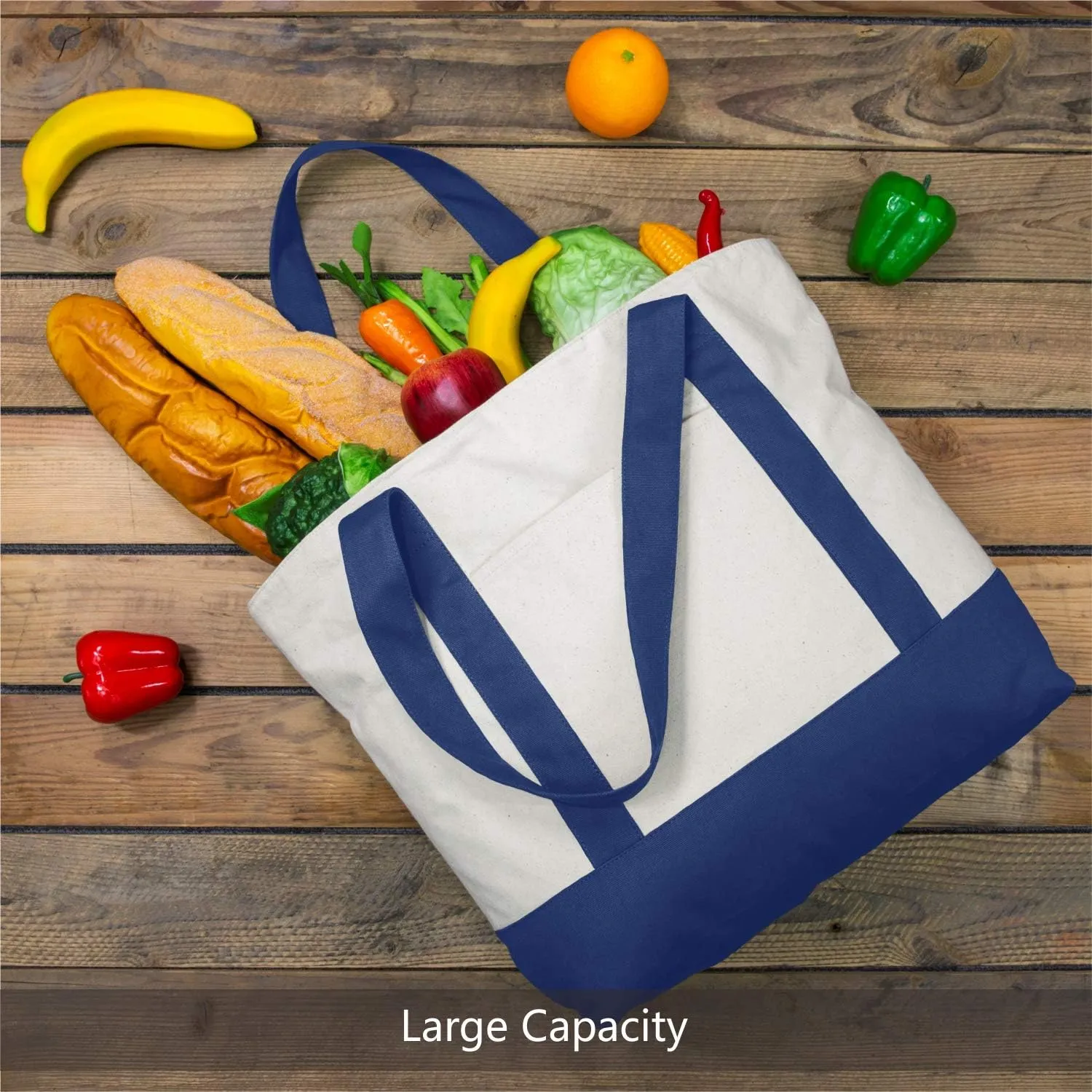 TOPDesign 1-Pack Canvas Tote Bag with an External Pocket, Reusable Grocery Shopping Bag, Top Zipper Closure, Daily Essentials (Blue/Natural)