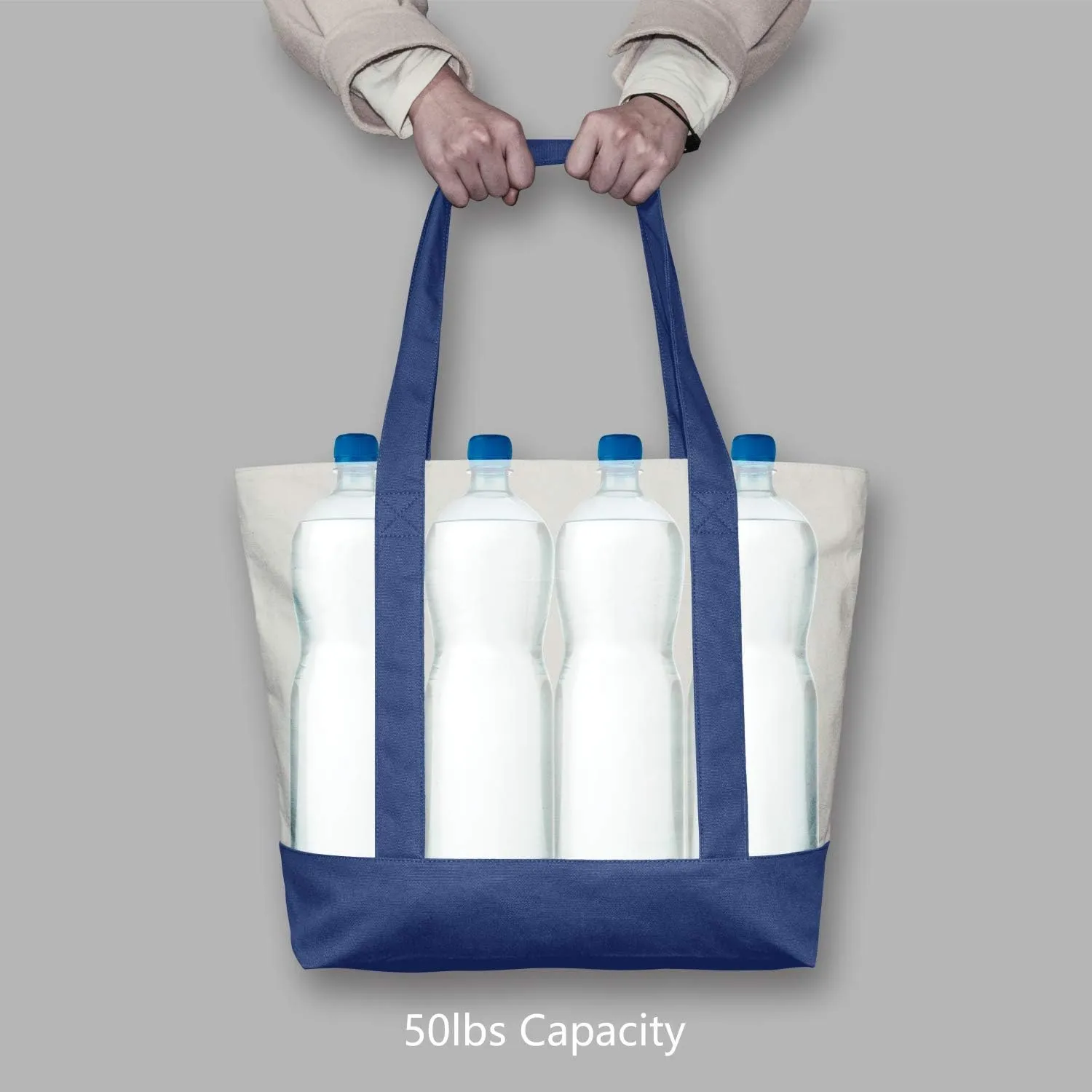 TOPDesign 1-Pack Canvas Tote Bag with an External Pocket, Reusable Grocery Shopping Bag, Top Zipper Closure, Daily Essentials (Blue/Natural)