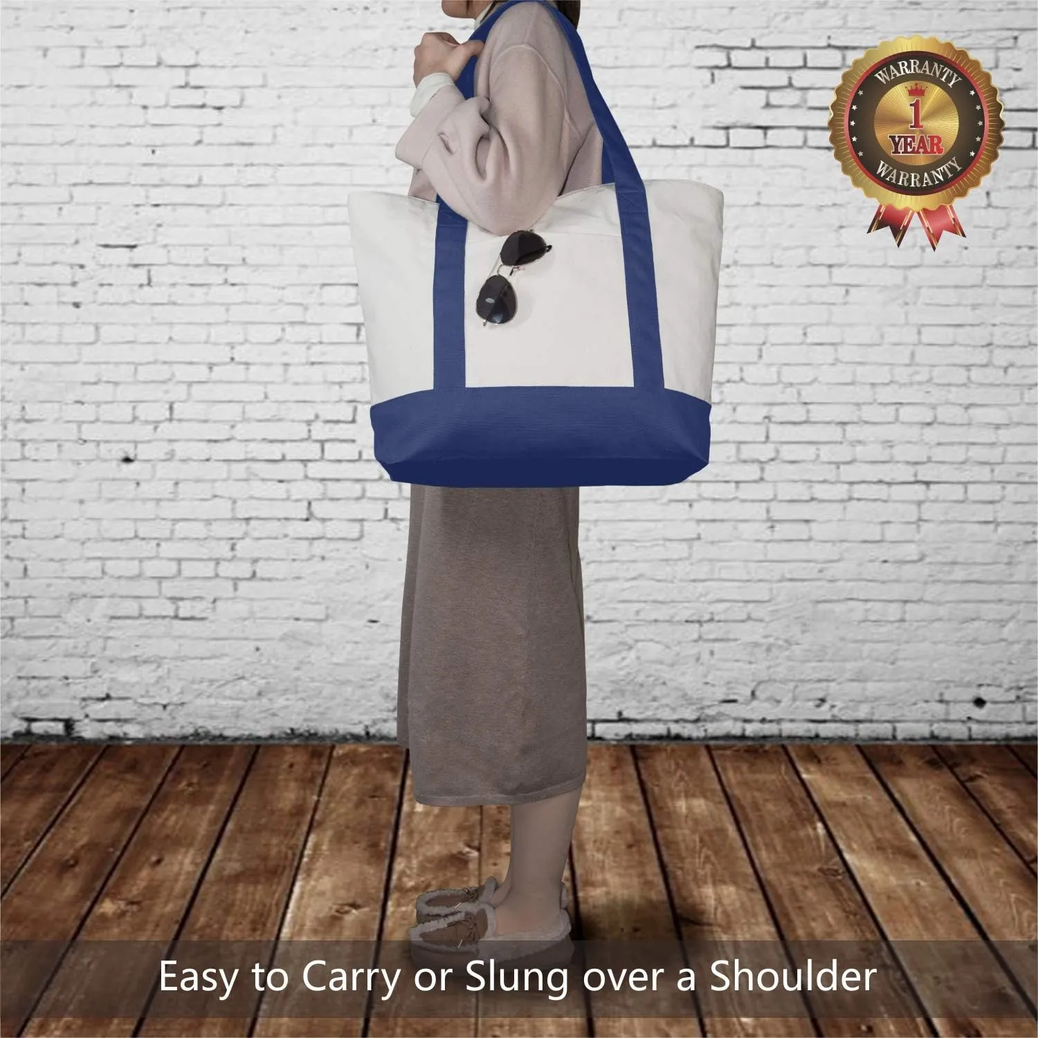 TOPDesign 1-Pack Canvas Tote Bag with an External Pocket, Reusable Grocery Shopping Bag, Top Zipper Closure, Daily Essentials (Blue/Natural)