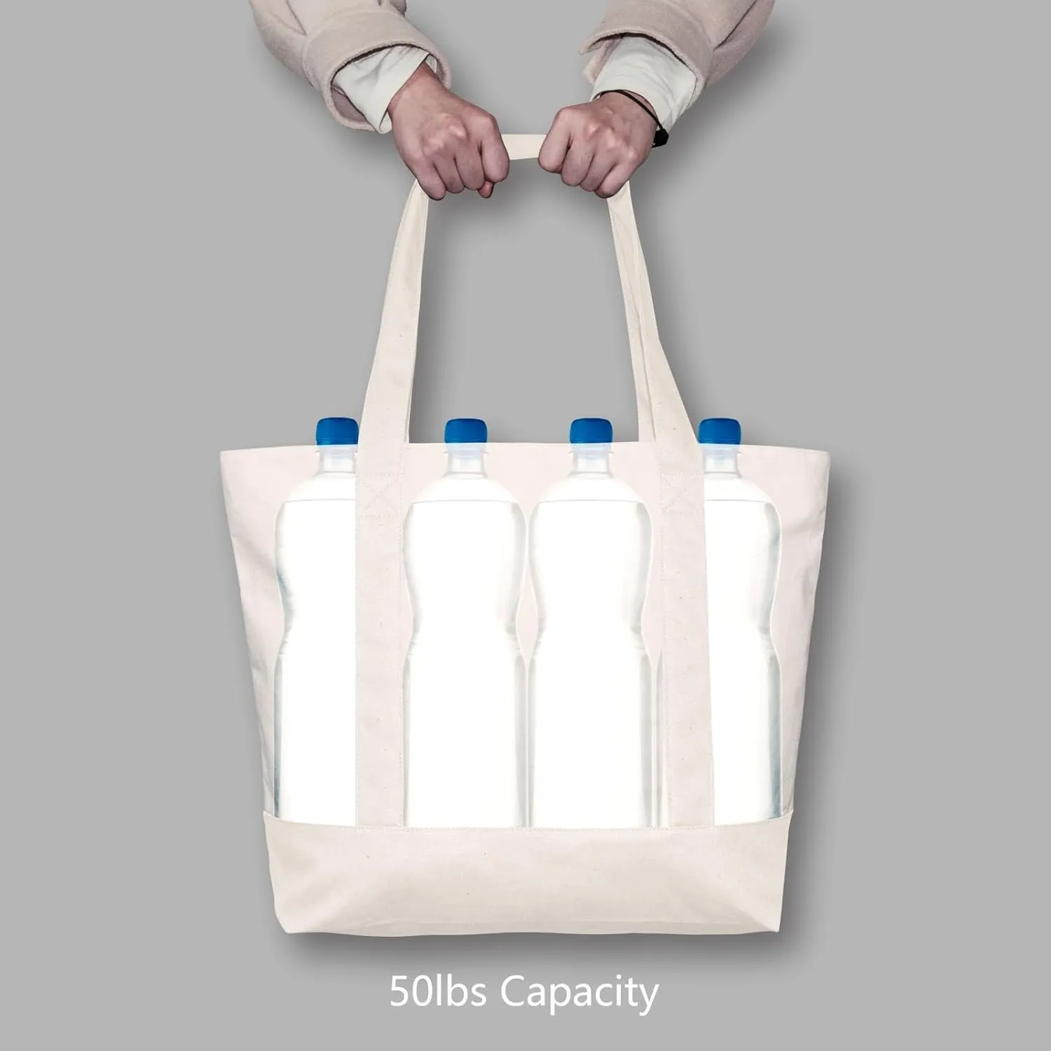 TOPDesign 1-Pack Canvas Tote Bag with an External Pocket, Reusable Grocery Shopping Bag, Top Zipper Closure, Daily Essentials (Natural)