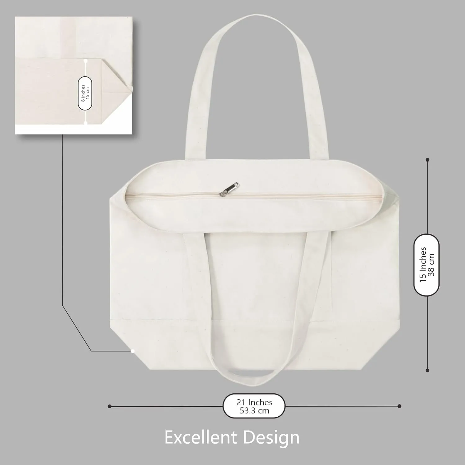 TOPDesign 1-Pack Canvas Tote Bag with an External Pocket, Reusable Grocery Shopping Bag, Top Zipper Closure, Daily Essentials (Natural)
