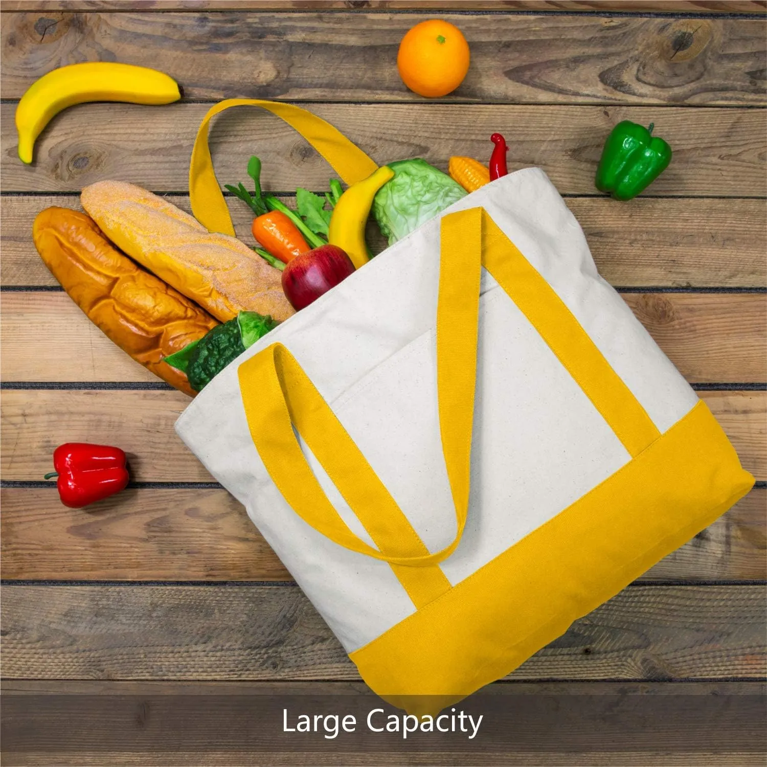 TOPDesign 1-Pack Canvas Tote Bag with an External Pocket, Reusable Grocery Shopping Bag, Top Zipper Closure, Daily Essentials (Yellow/Natural)
