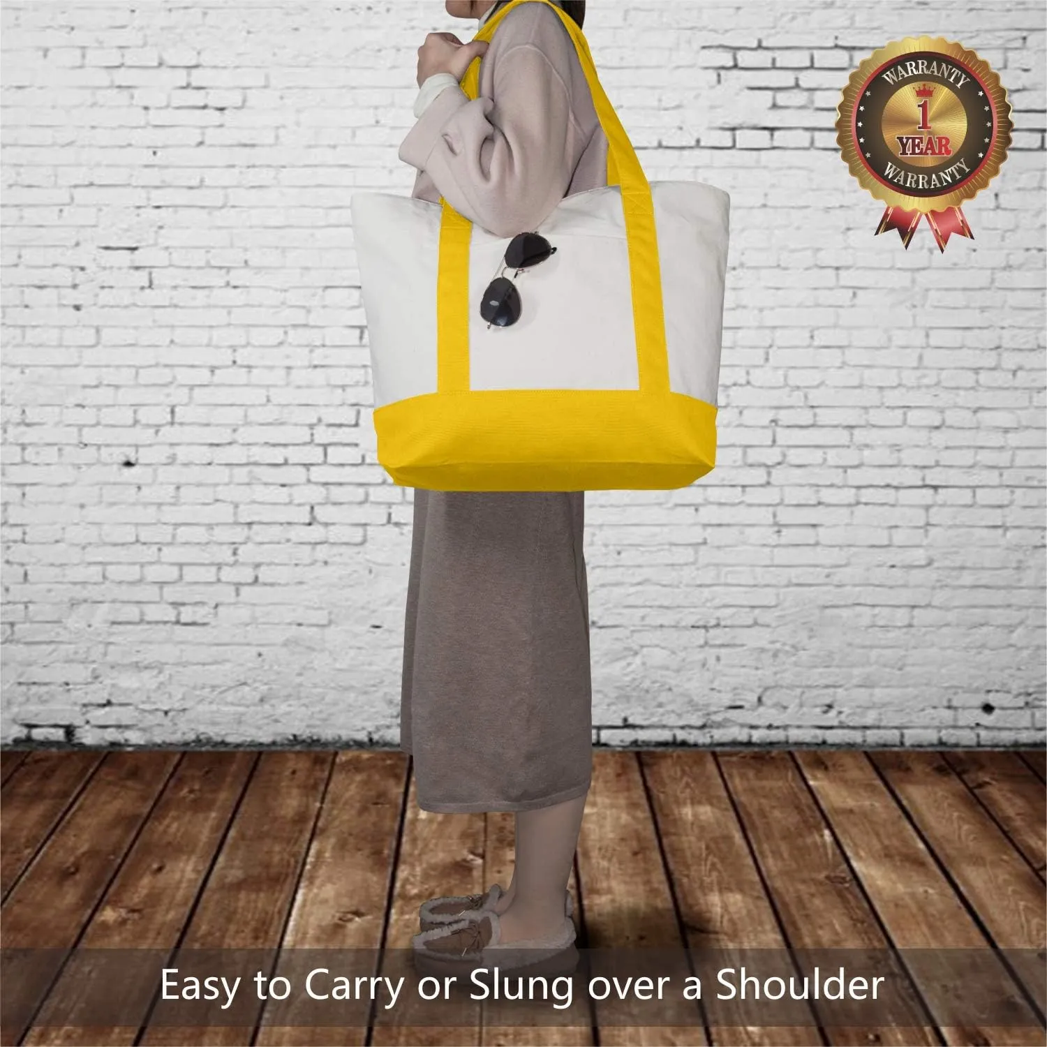 TOPDesign 1-Pack Canvas Tote Bag with an External Pocket, Reusable Grocery Shopping Bag, Top Zipper Closure, Daily Essentials (Yellow/Natural)